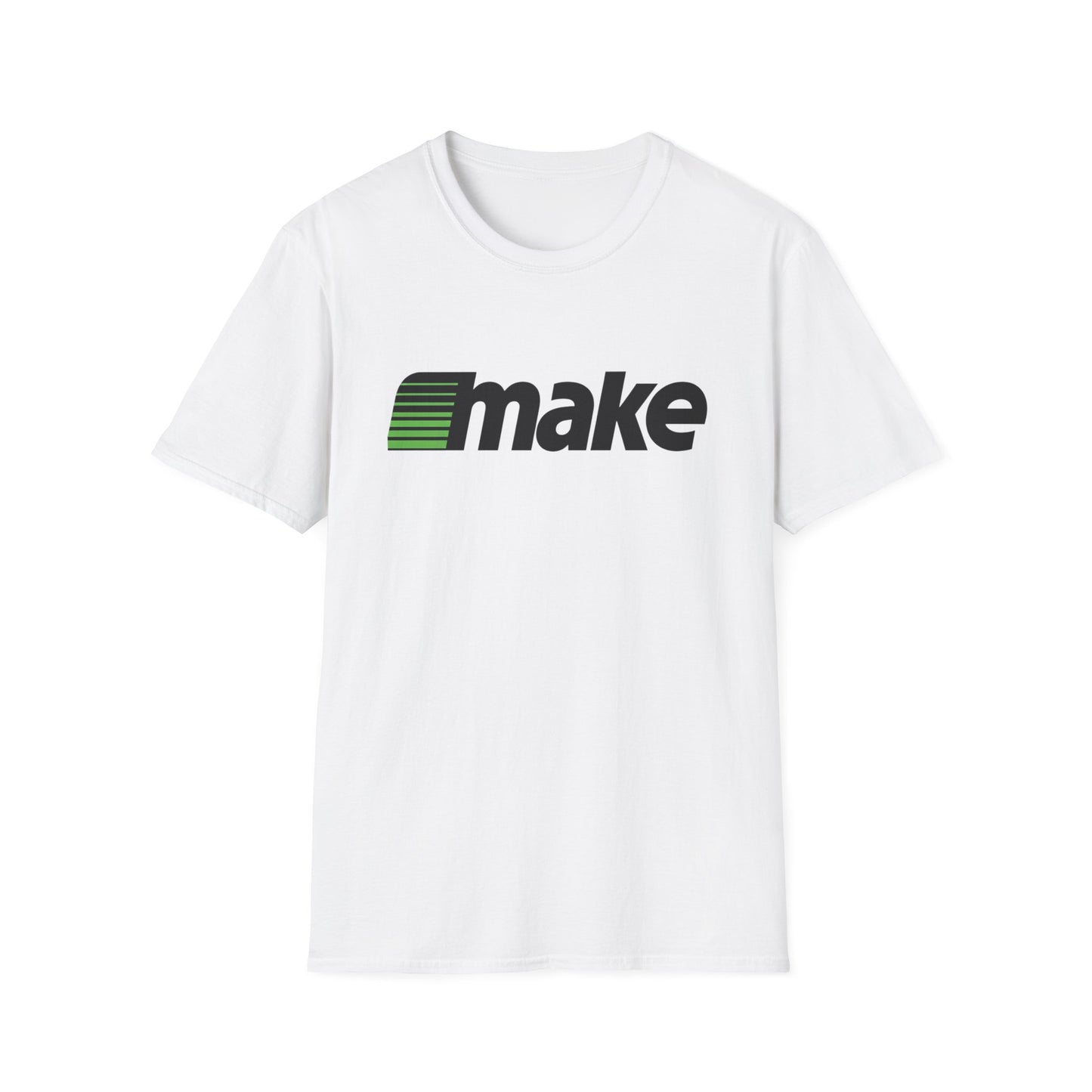White unisex t-shirt featuring a bold black MAKE wordmark with green speedline motif, inspired by the retro MECC logo behind The Oregon Trail.