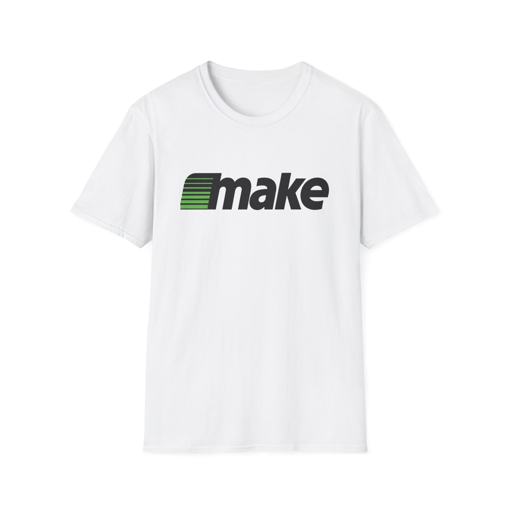 White unisex t-shirt featuring a bold black MAKE wordmark with green speedline motif, inspired by the retro MECC logo behind The Oregon Trail.