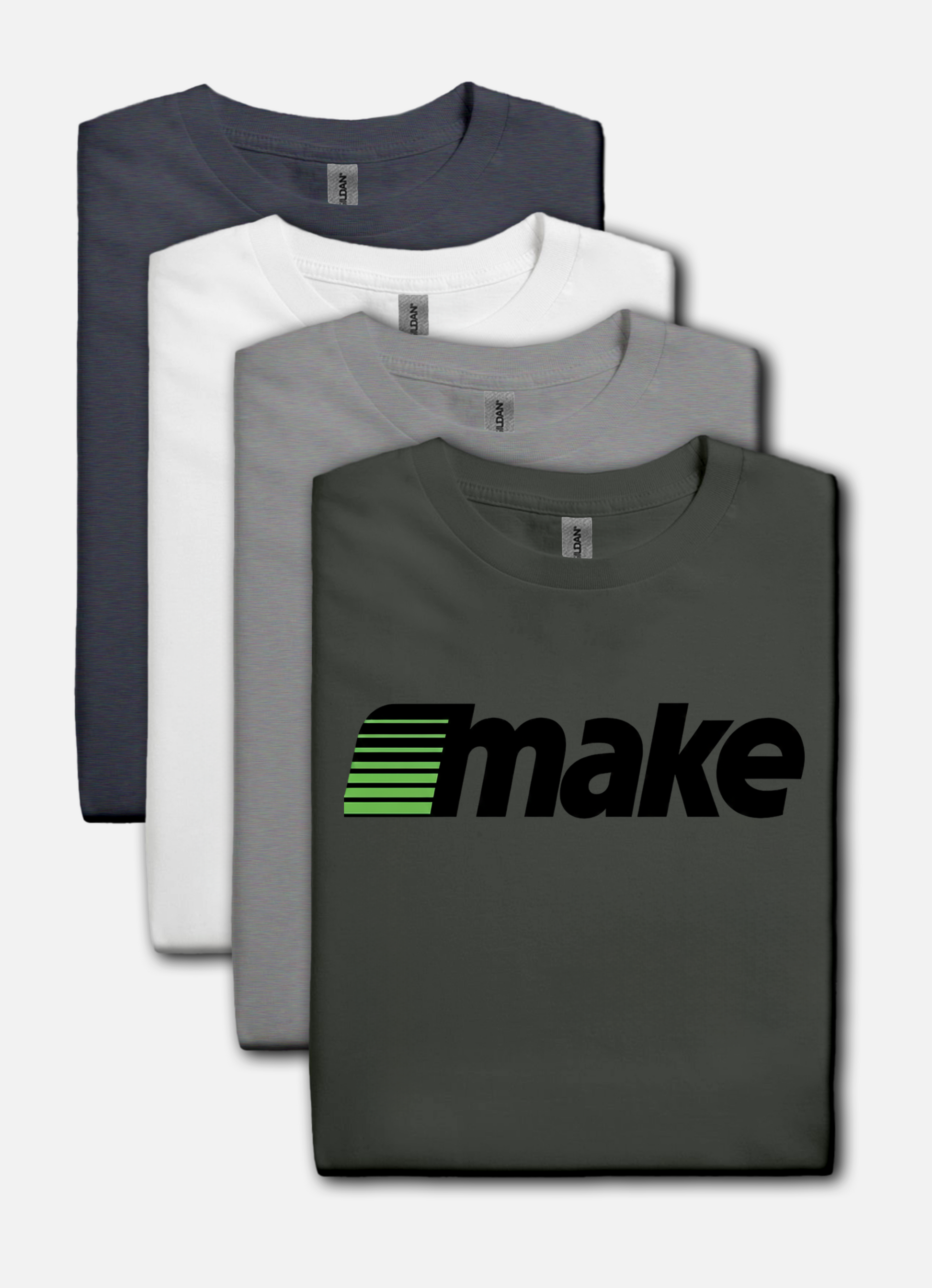 Charcoal t-shirt featuring a bold black MAKE wordmark with green speedline motif, inspired by the retro MECC logo behind The Oregon Trail.