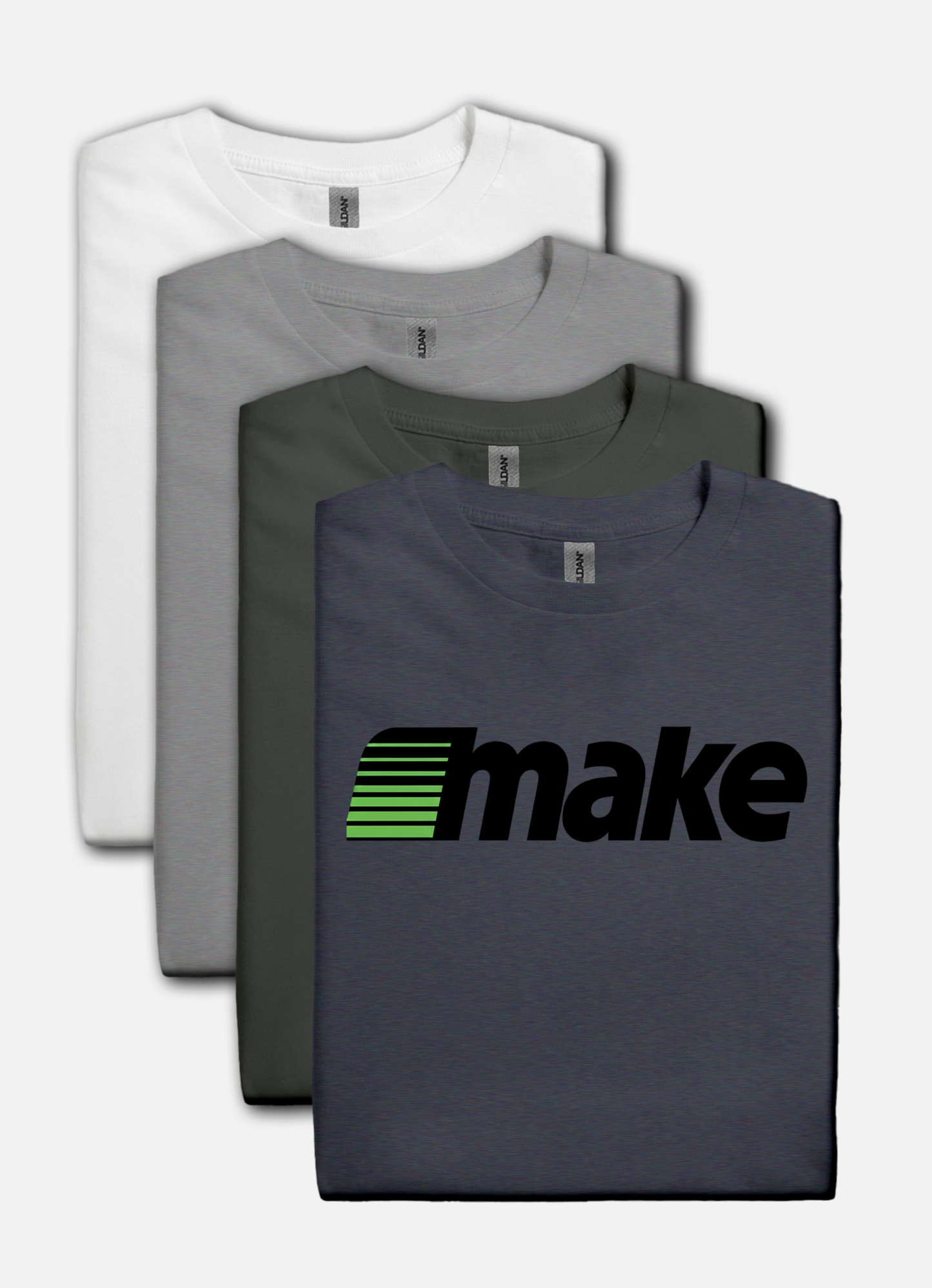 Heather Navy t-shirt featuring a bold black MAKE wordmark with green speedline motif, inspired by the retro MECC logo behind The Oregon Trail.