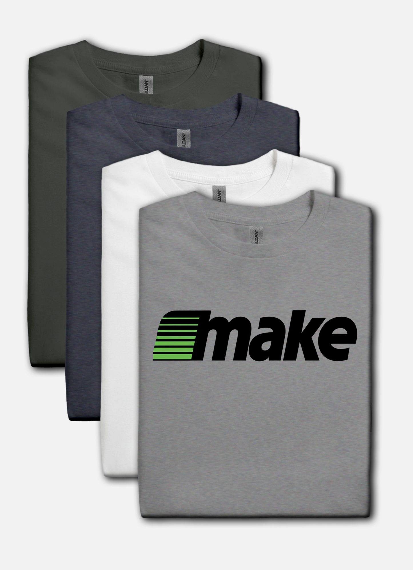 Sport gray t-shirt featuring a bold black MAKE wordmark with green speedline motif, inspired by the retro MECC logo behind The Oregon Trail.