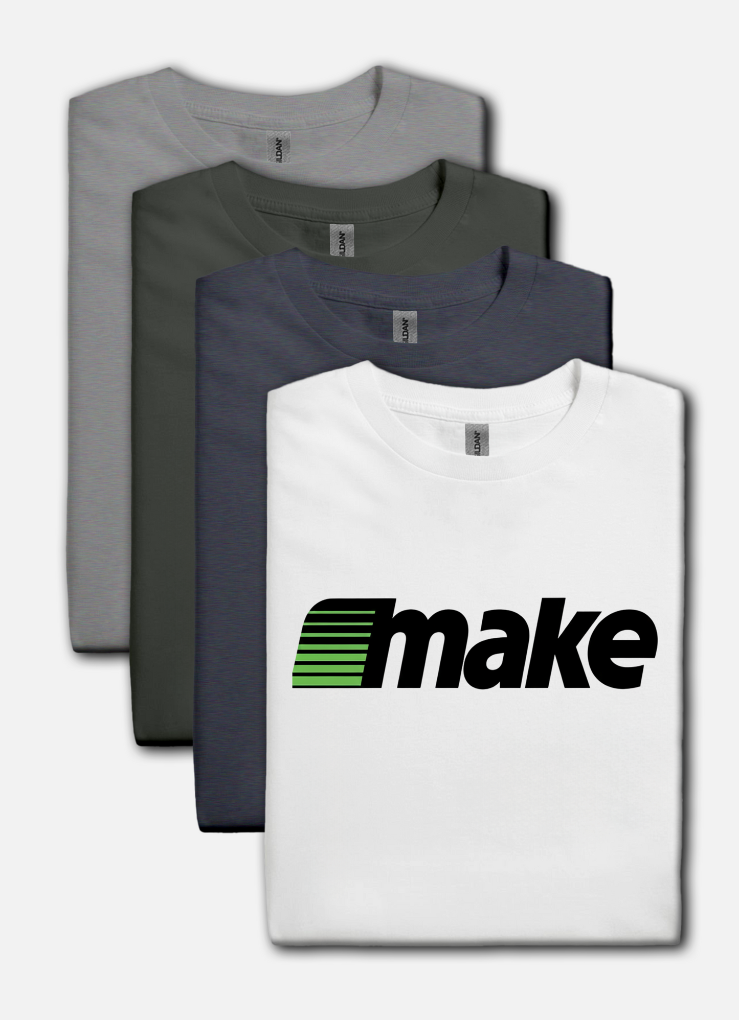 White unisex t-shirt featuring a bold black MAKE wordmark with green speedline motif, inspired by the retro MECC logo behind The Oregon Trail.