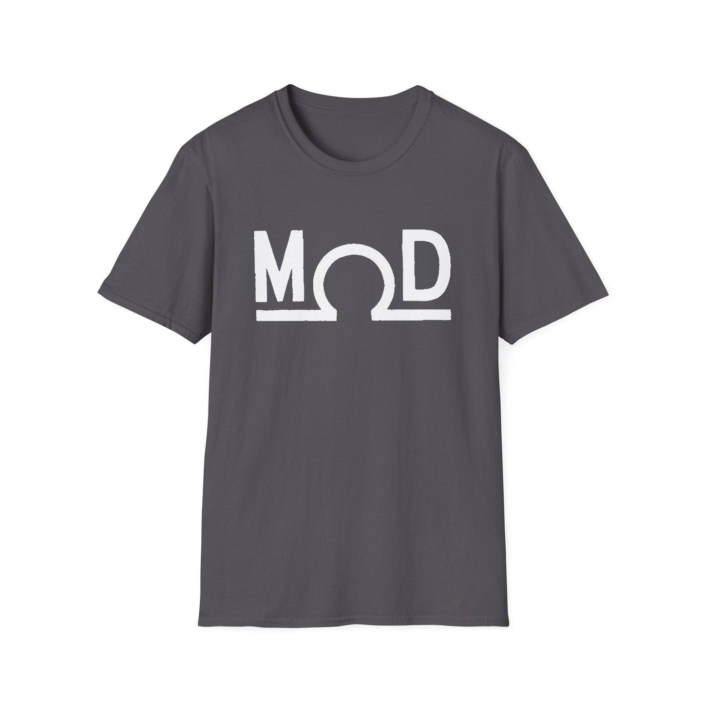 Charcoal t-shirt featuring a bold white “MOD” wordmark with the Ω (ohm) symbol as the “O” and a solid baseline
