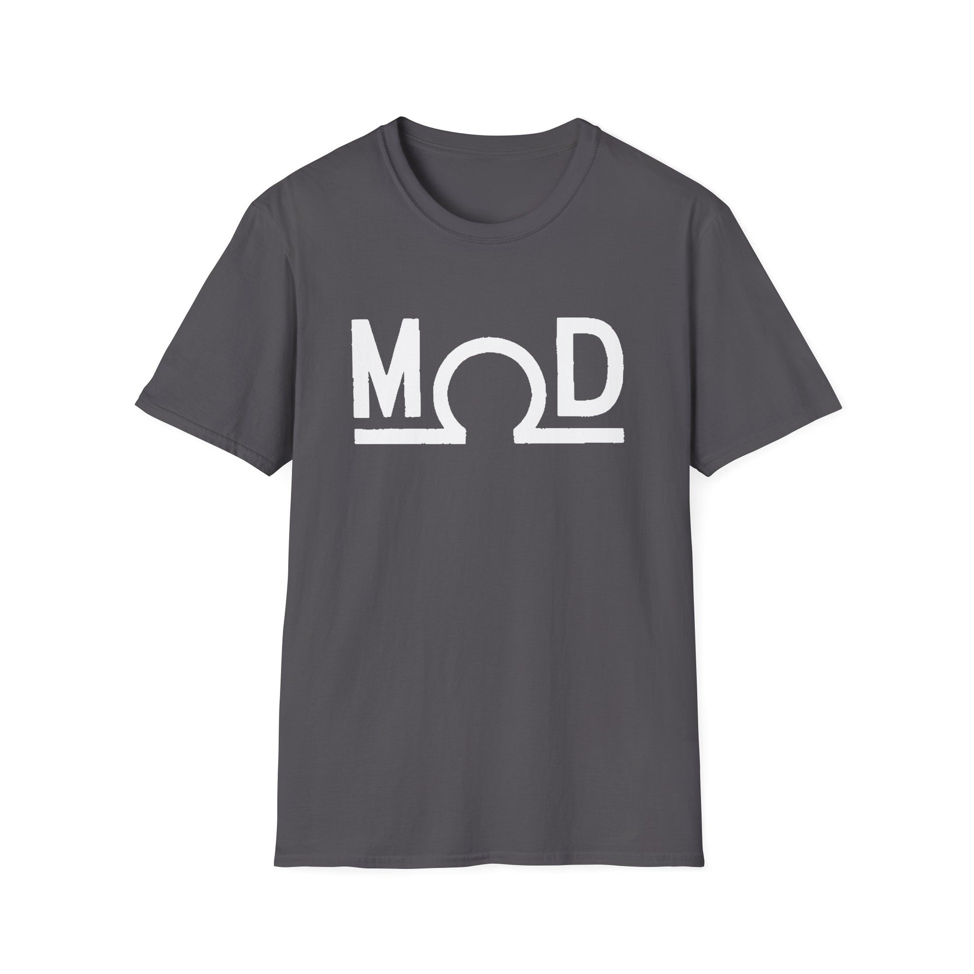 Charcoal t-shirt featuring a bold white “MOD” wordmark with the Ω (ohm) symbol as the “O” and a solid baseline