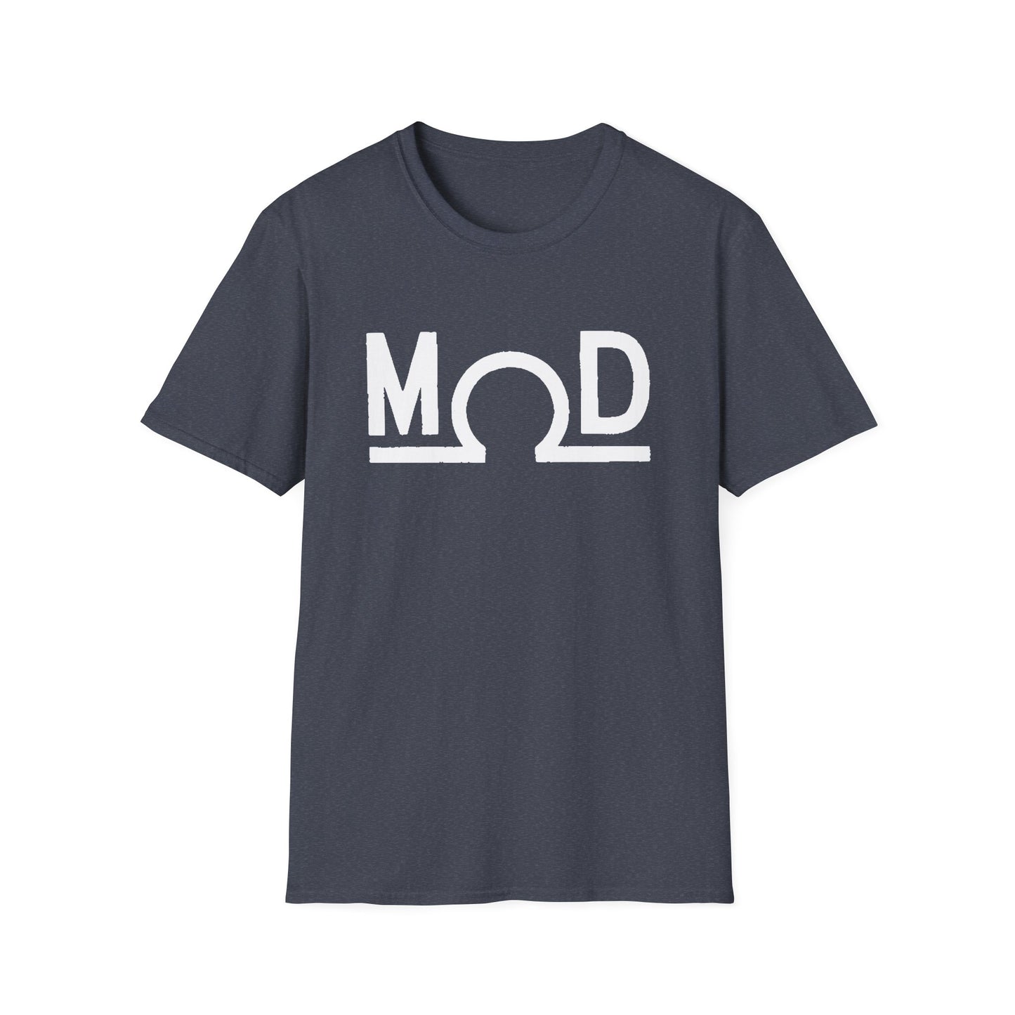 Heather navu t-shirt featuring a bold white “MOD” wordmark with the Ω (ohm) symbol as the “O” and a solid baseline