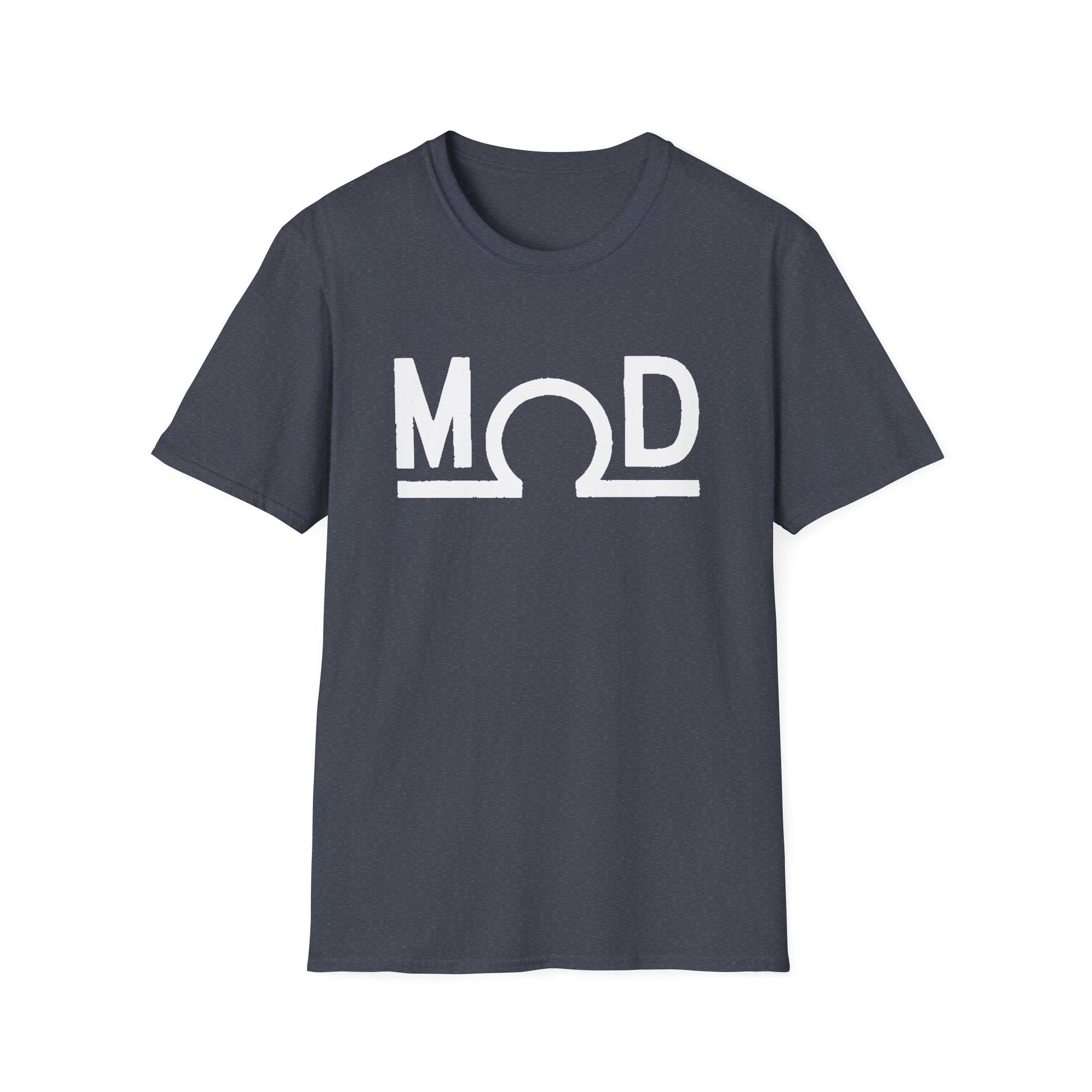 Heather navu t-shirt featuring a bold white “MOD” wordmark with the Ω (ohm) symbol as the “O” and a solid baseline