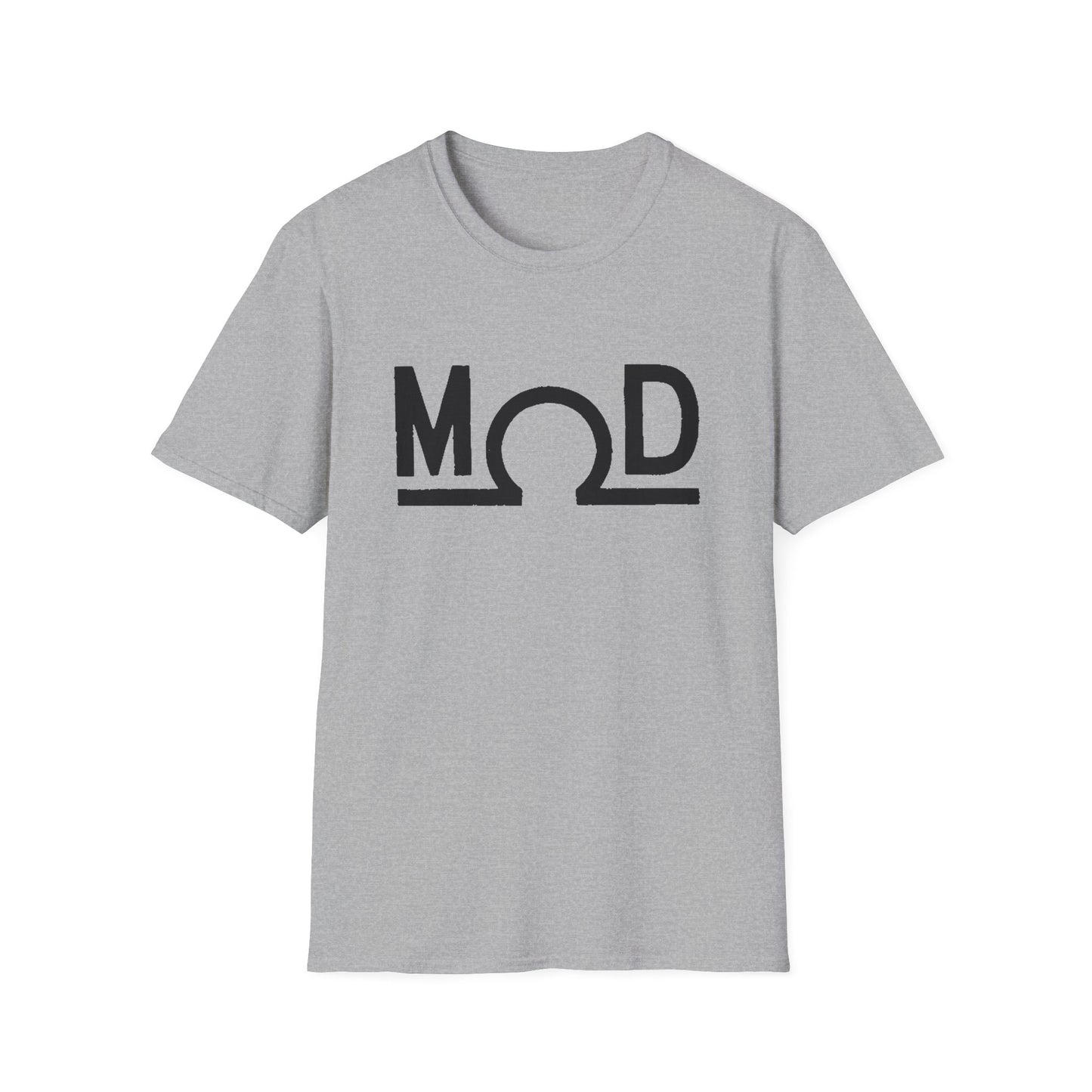 Sport gray t-shirt featuring a bold black “MOD” wordmark with the Ω (ohm) symbol as the “O” and a solid baseline