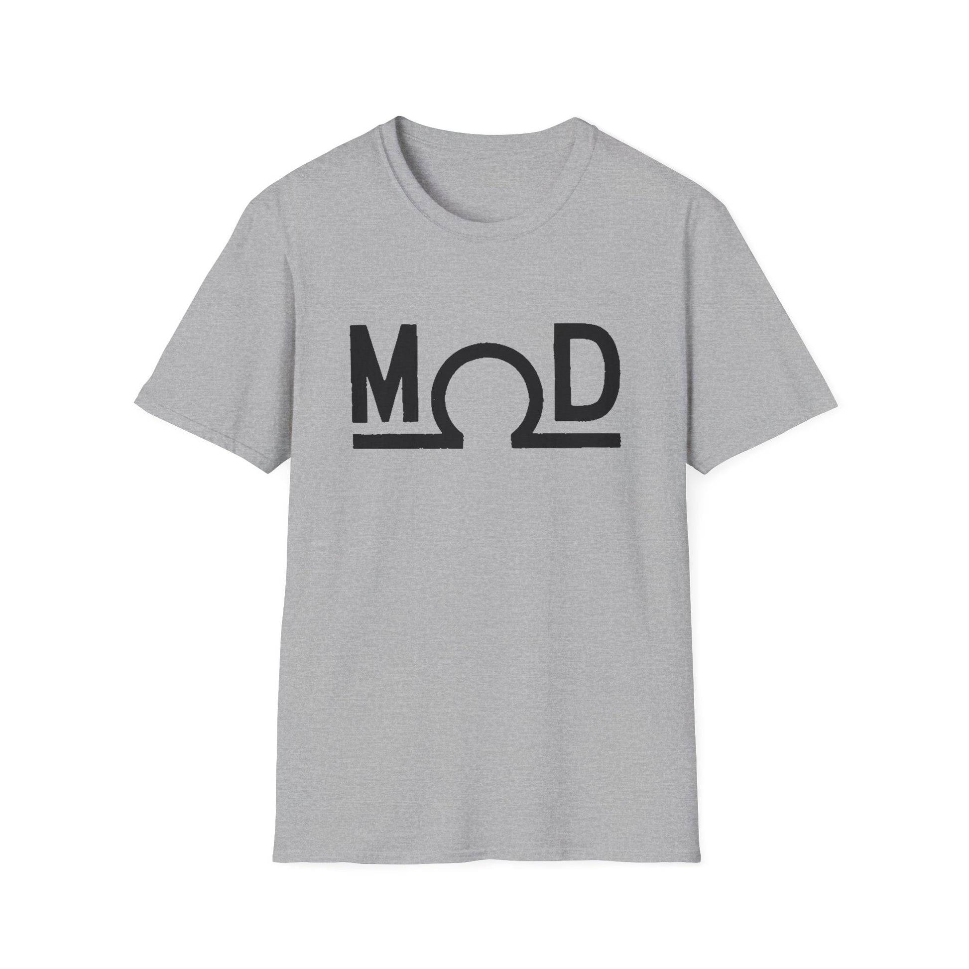 Sport gray t-shirt featuring a bold black “MOD” wordmark with the Ω (ohm) symbol as the “O” and a solid baseline