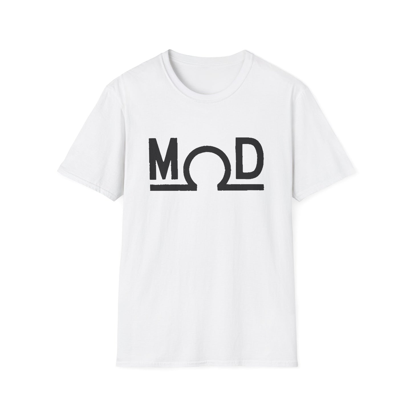Whtie t-shirt featuring a bold black “MOD” wordmark with the Ω (ohm) symbol as the “O” and a solid baseline