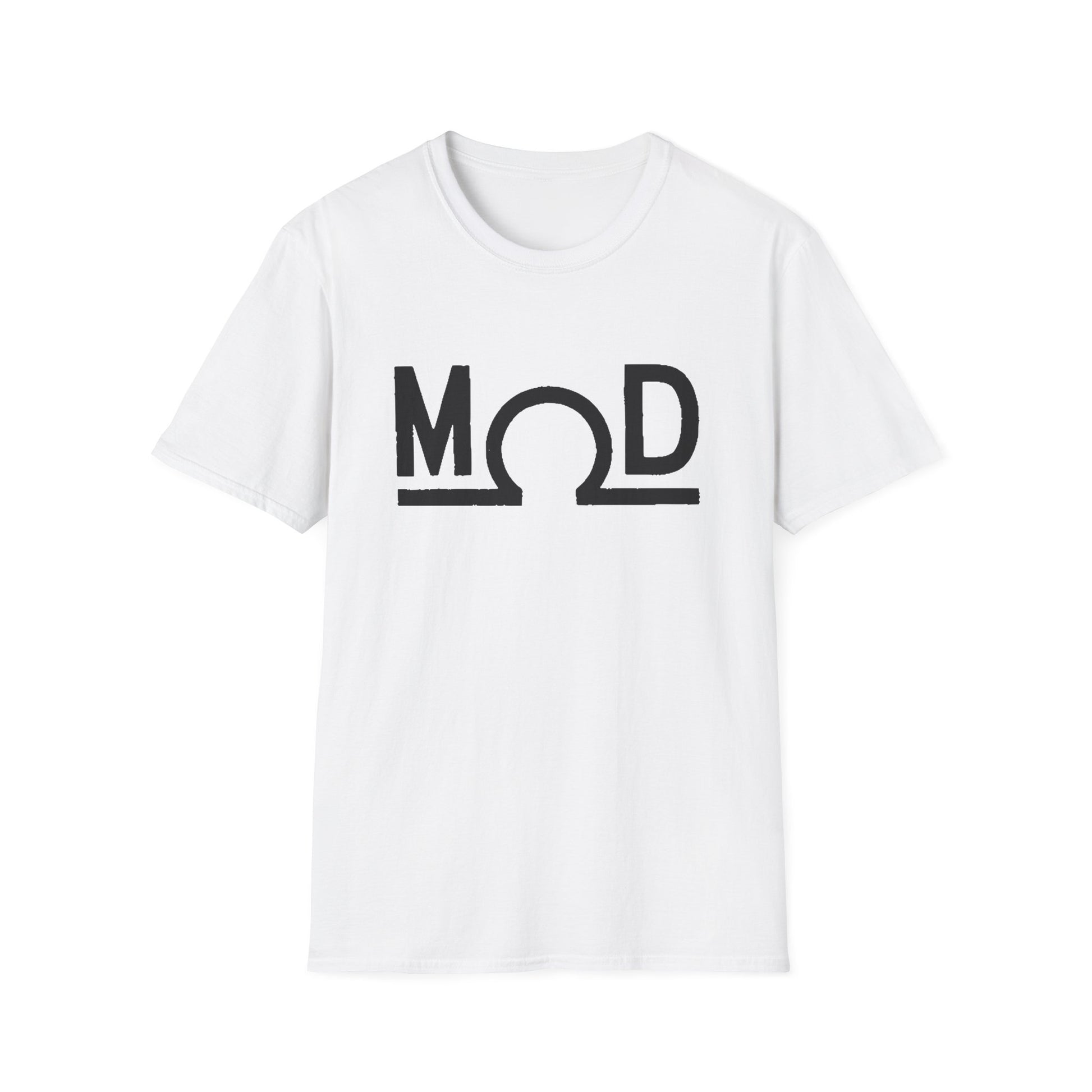 Whtie t-shirt featuring a bold black “MOD” wordmark with the Ω (ohm) symbol as the “O” and a solid baseline