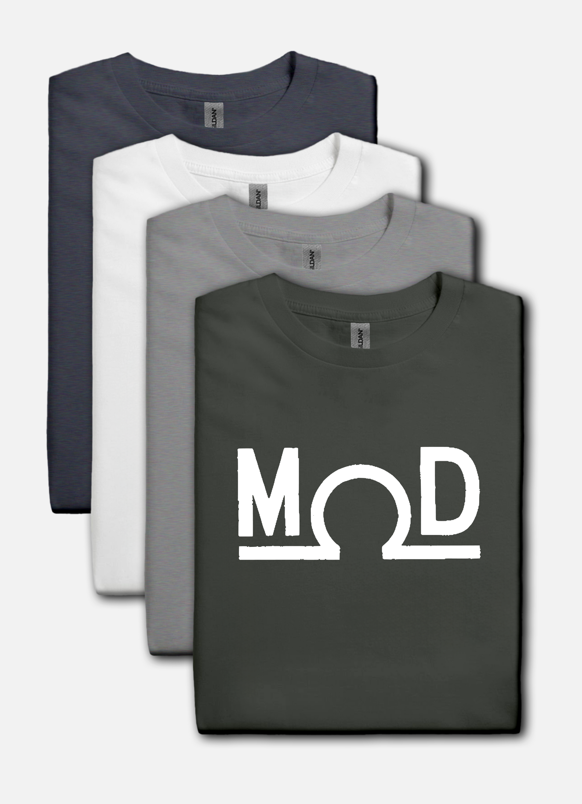 Charcoal t-shirt featuring a bold white “MOD” wordmark with the Ω (ohm) symbol as the “O” and a solid baseline