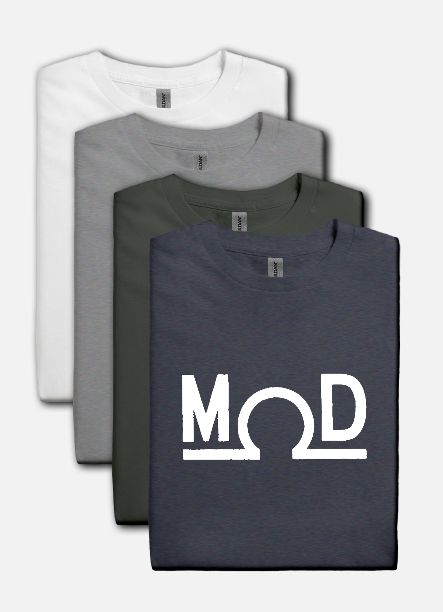 Heather Navy t-shirt featuring a bold white “MOD” wordmark with the Ω (ohm) symbol as the “O” and a solid baseline