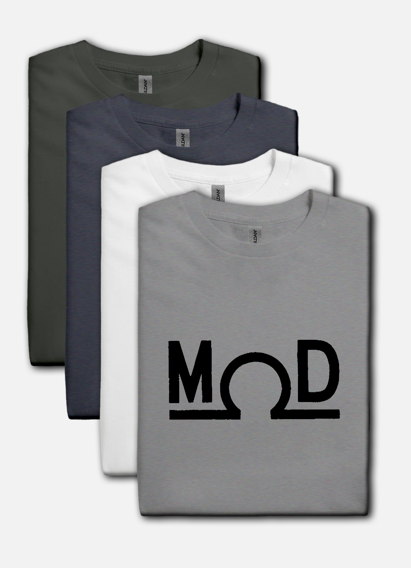 sport gray t-shirt featuring a bold black “MOD” wordmark with the Ω (ohm) symbol as the “O” and a solid baseline