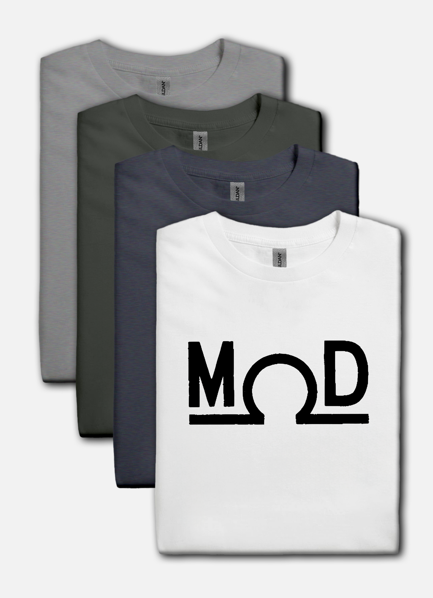 white t-shirt featuring a bold black “MOD” wordmark with the Ω (ohm) symbol as the “O” and a solid baseline