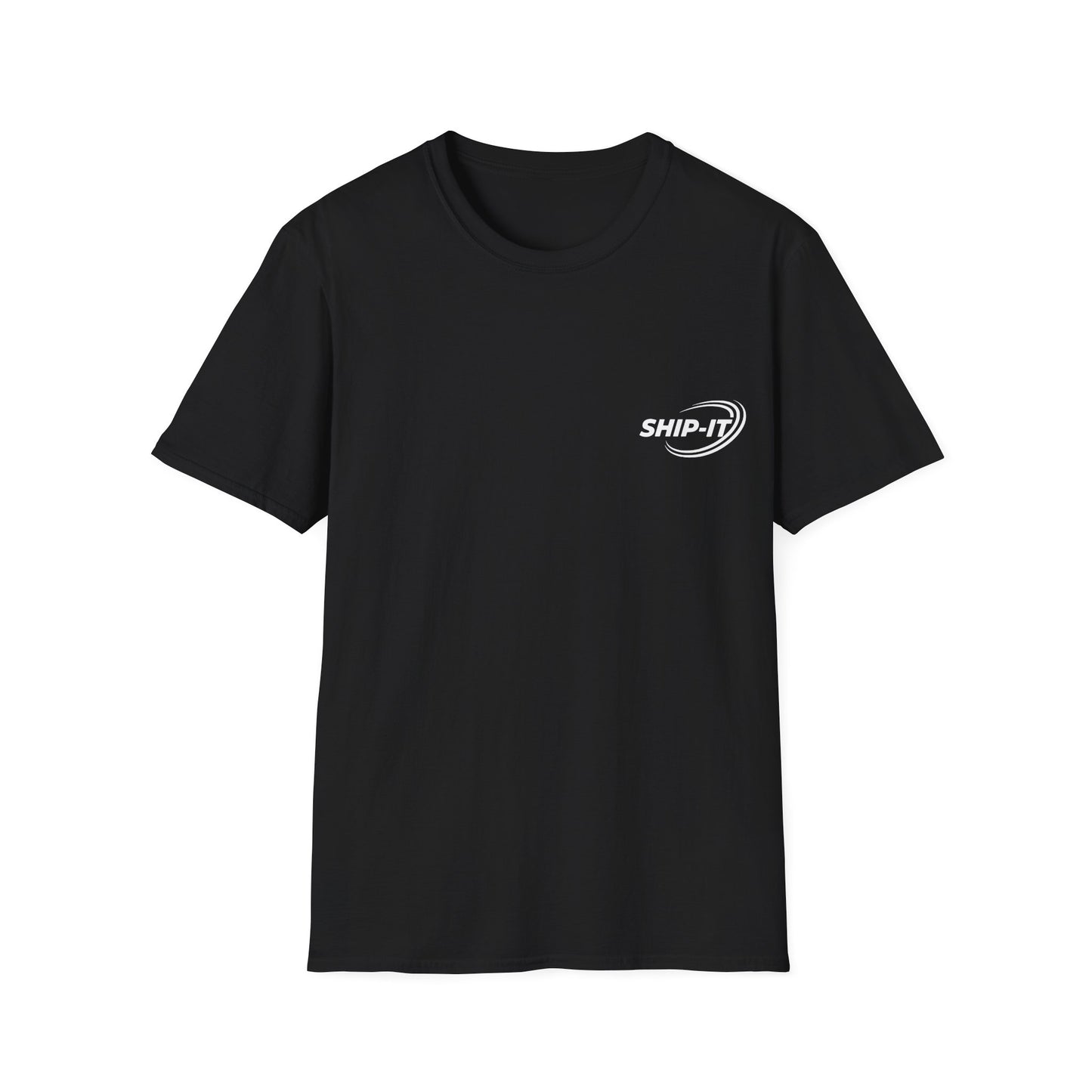 Black t-shirt with a white "SHIP-IT" logo