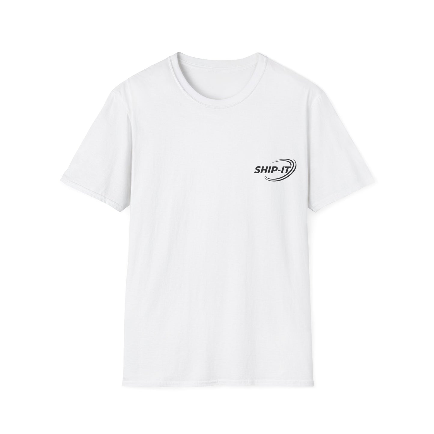 White t-shirt with 'SHIP-IT' logo on a white background