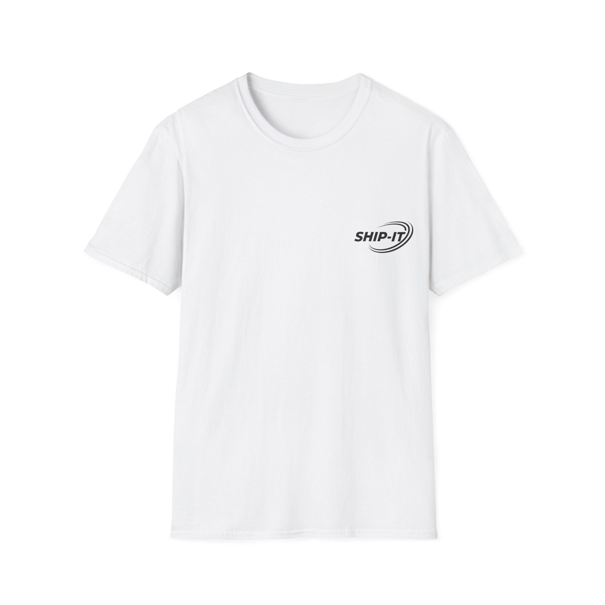 White t-shirt with 'SHIP-IT' logo on a white background
