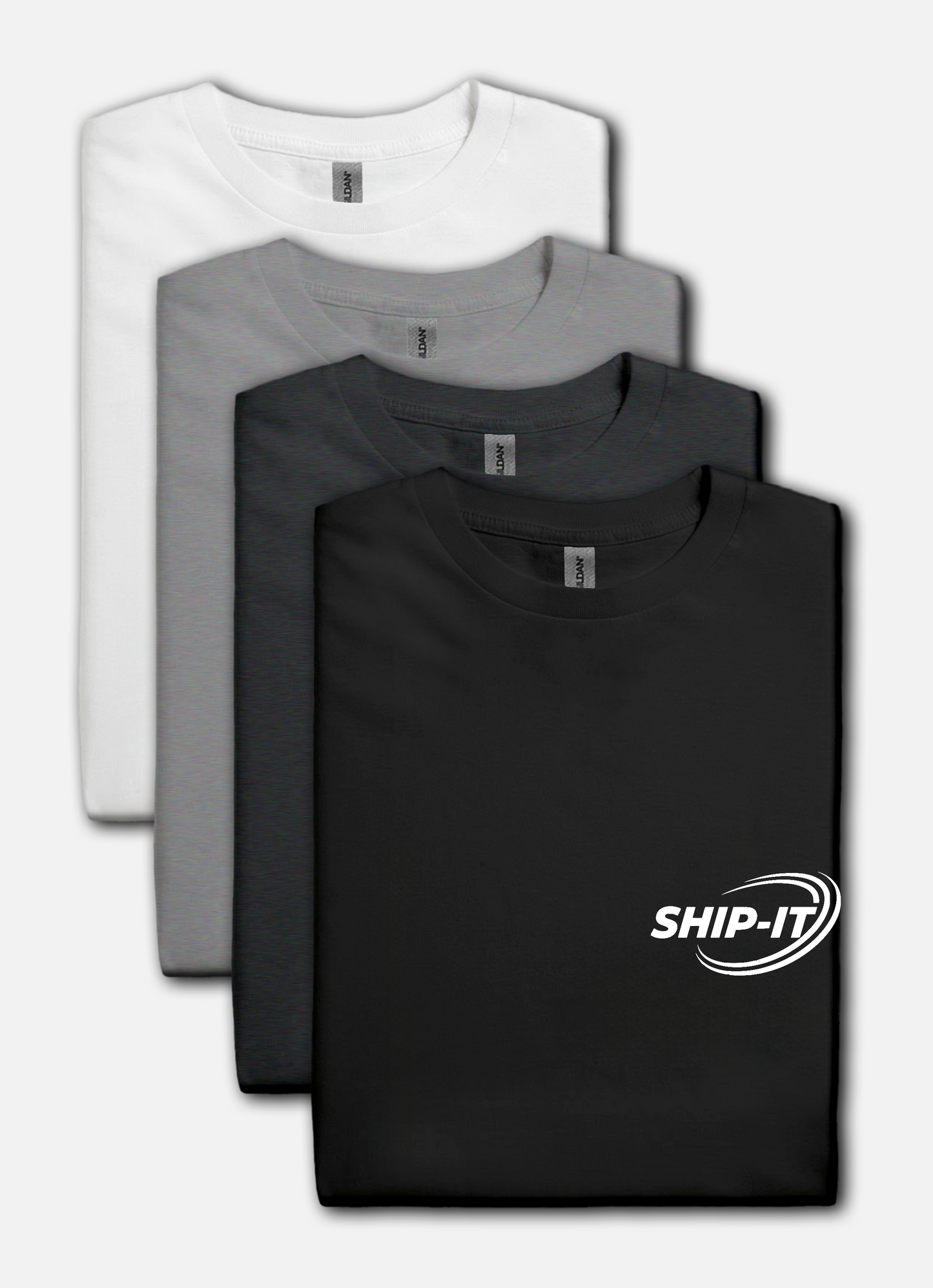 Four folded t-shirts in black, gray, and white with 'SHIP-IT' logo on a black background