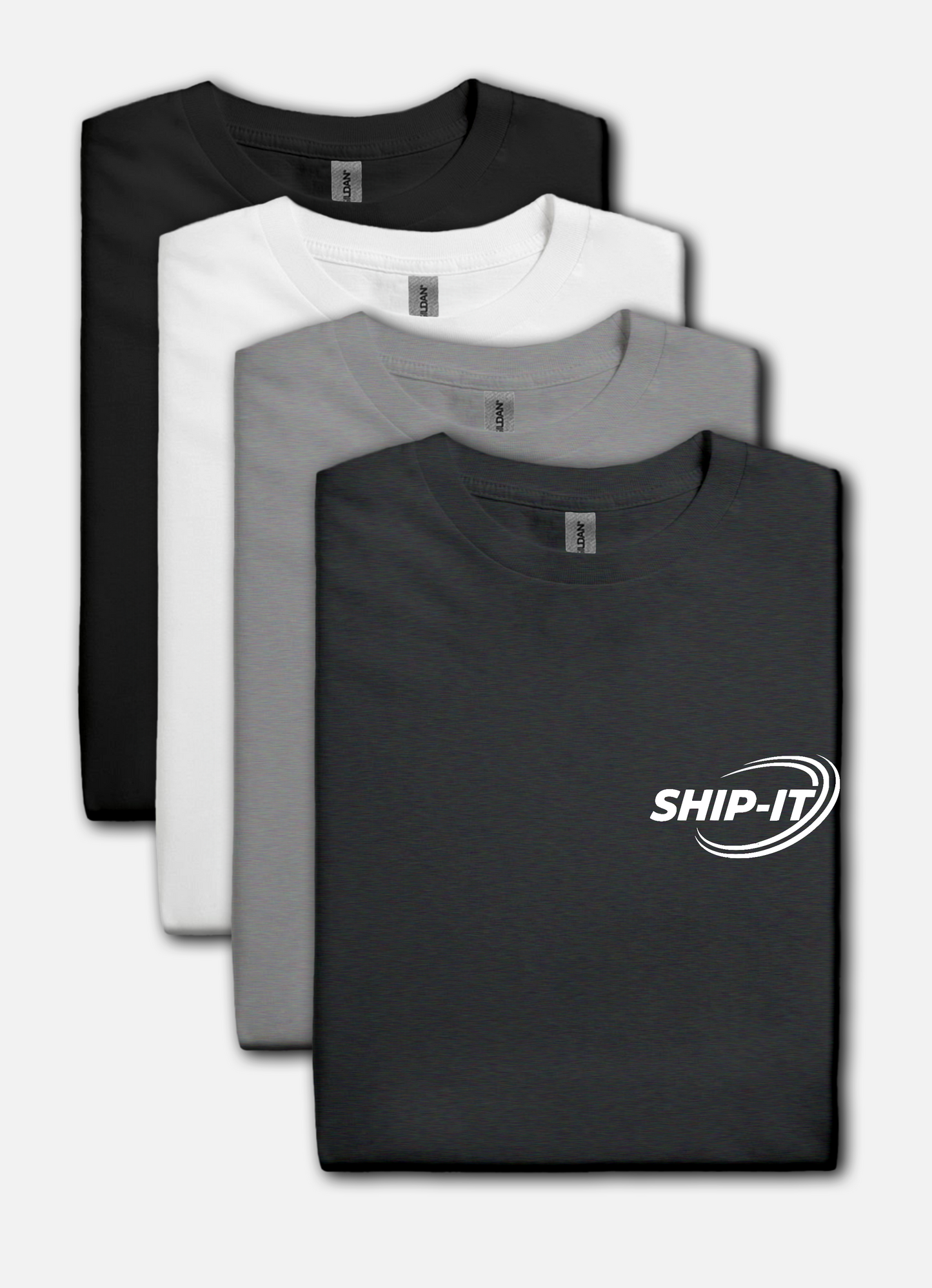 Four t-shirts in black, white, and gray with 'SHIP-IT' logo on a dark gray background