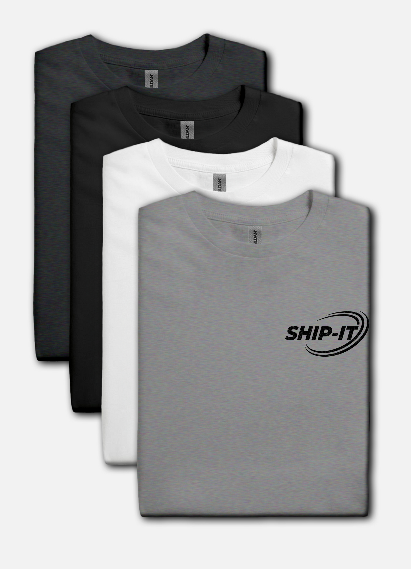 Three t-shirts in black, white, and gray with 'SHIP-IT' logo on a gray background