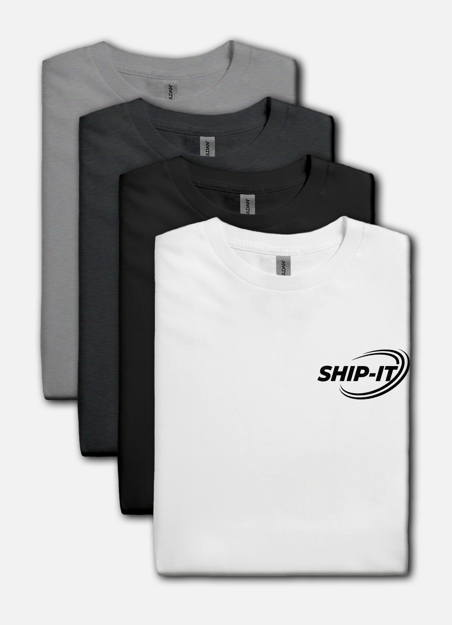 Four t-shirts in gray, black, and white with 'SHIP-IT' logo on a white background