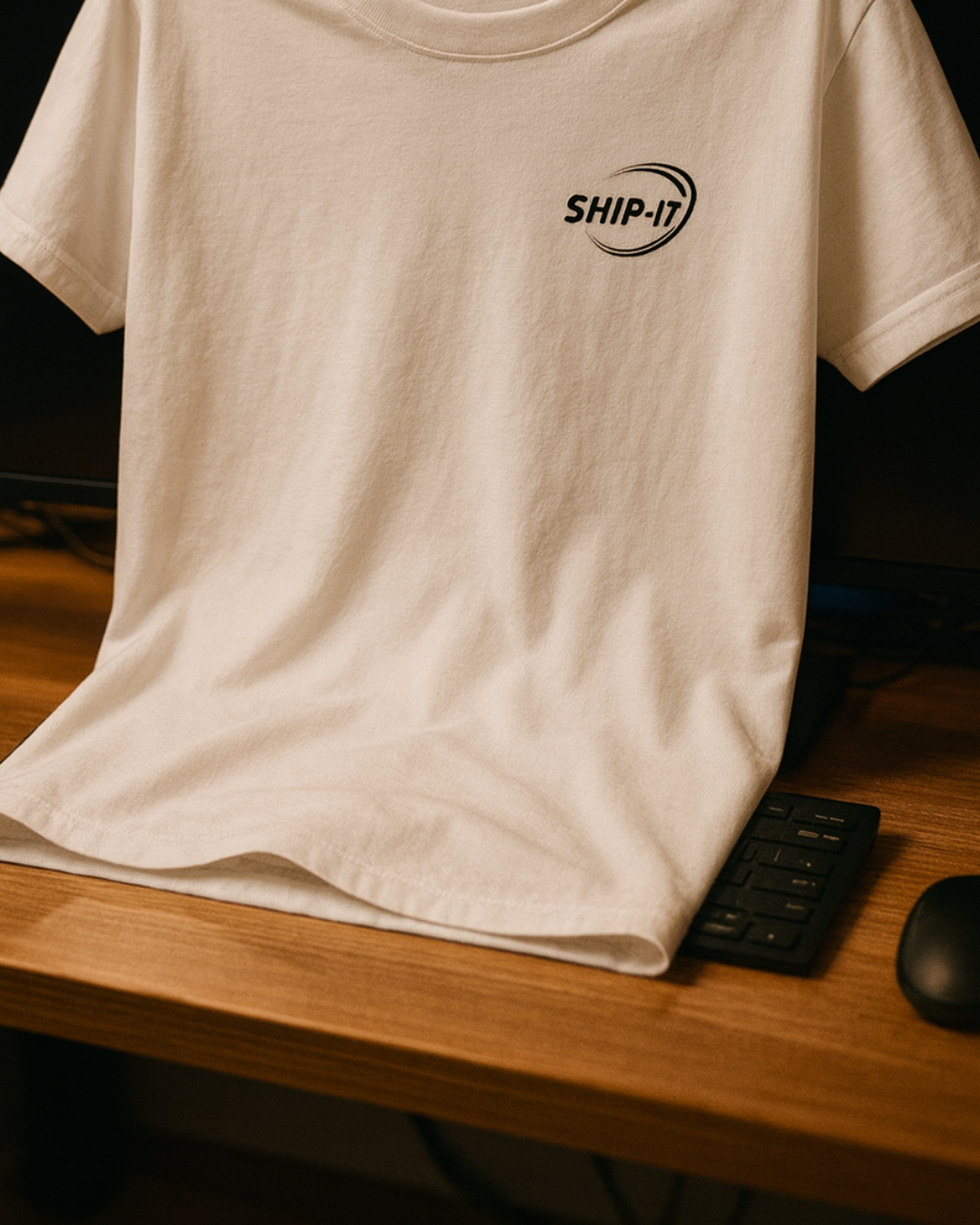 White t-shirt with 'SHIP-IT' logo on a wooden surface
