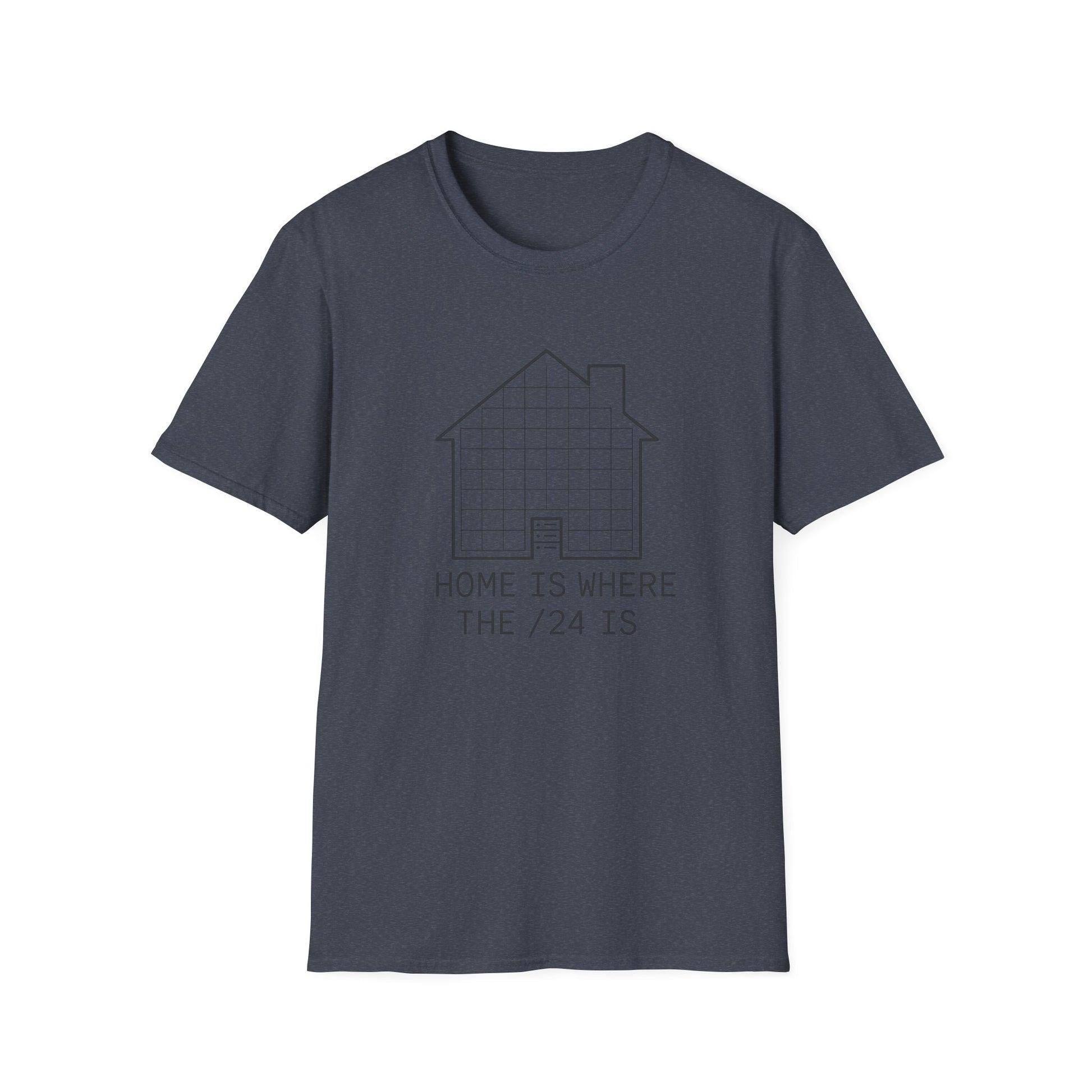 Heather navy coder shirt with subnet grid house design and monospaced slogan