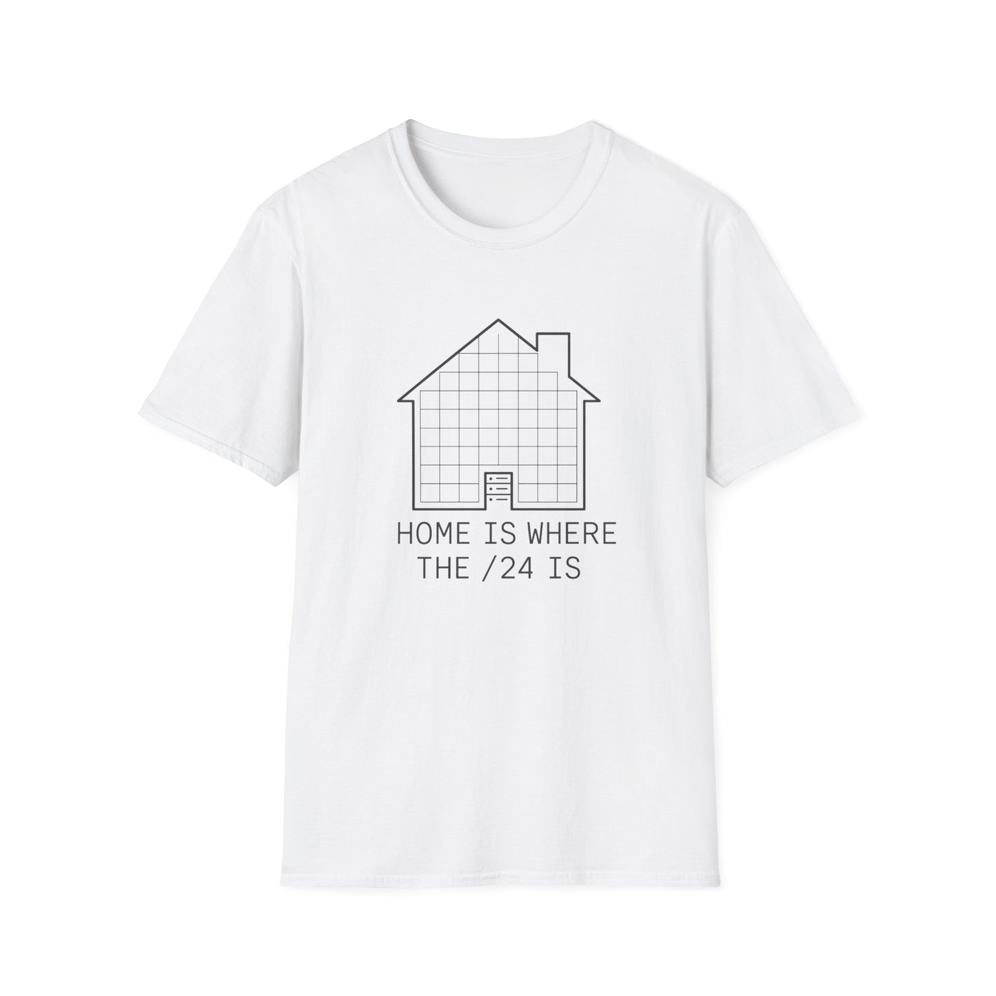 White coder shirt with subnet grid house design and monospaced slogan