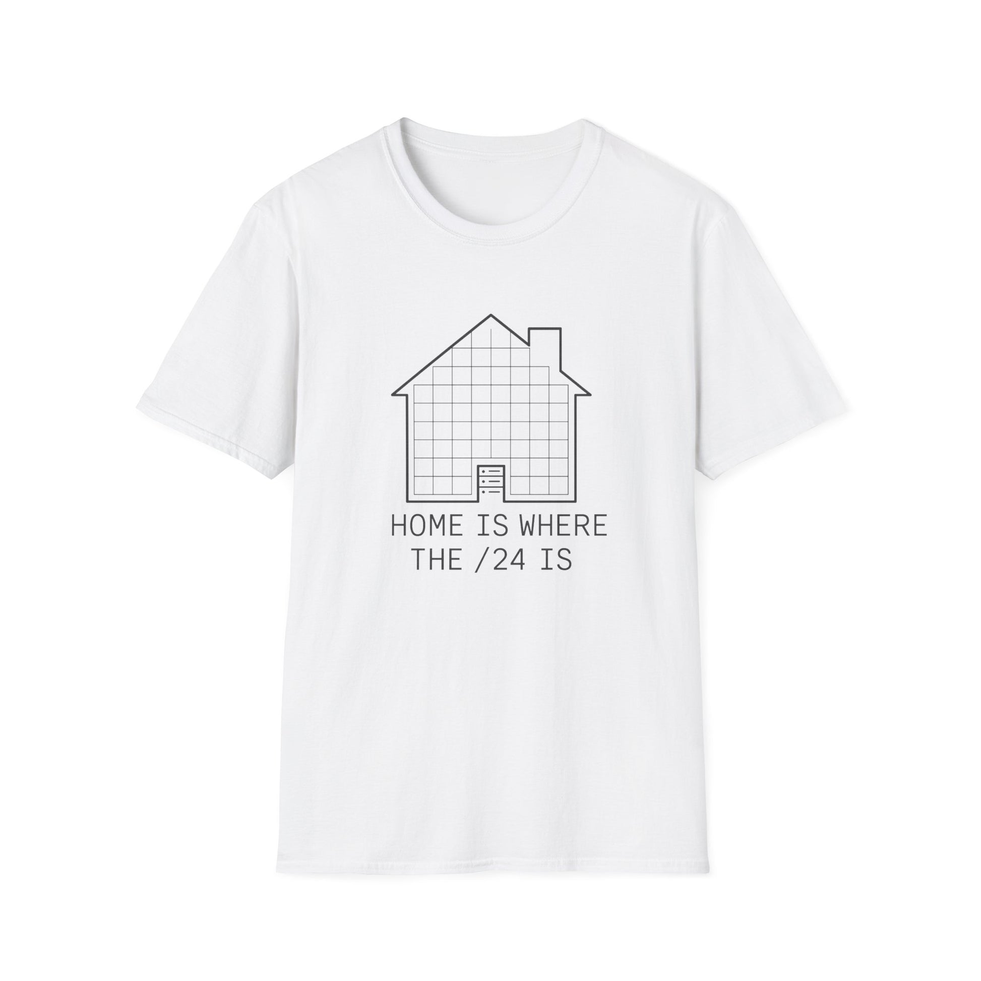 White coder shirt with subnet grid house design and monospaced slogan