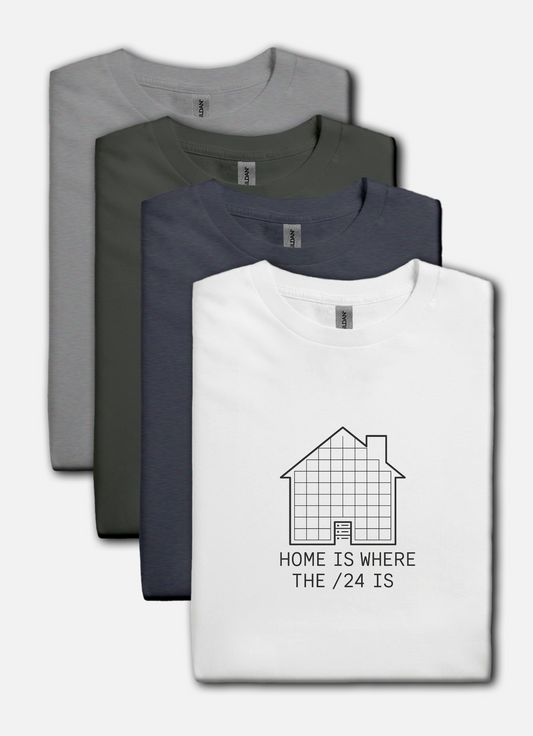 Homelab-inspired t-shirt in white, house grid design with server rack