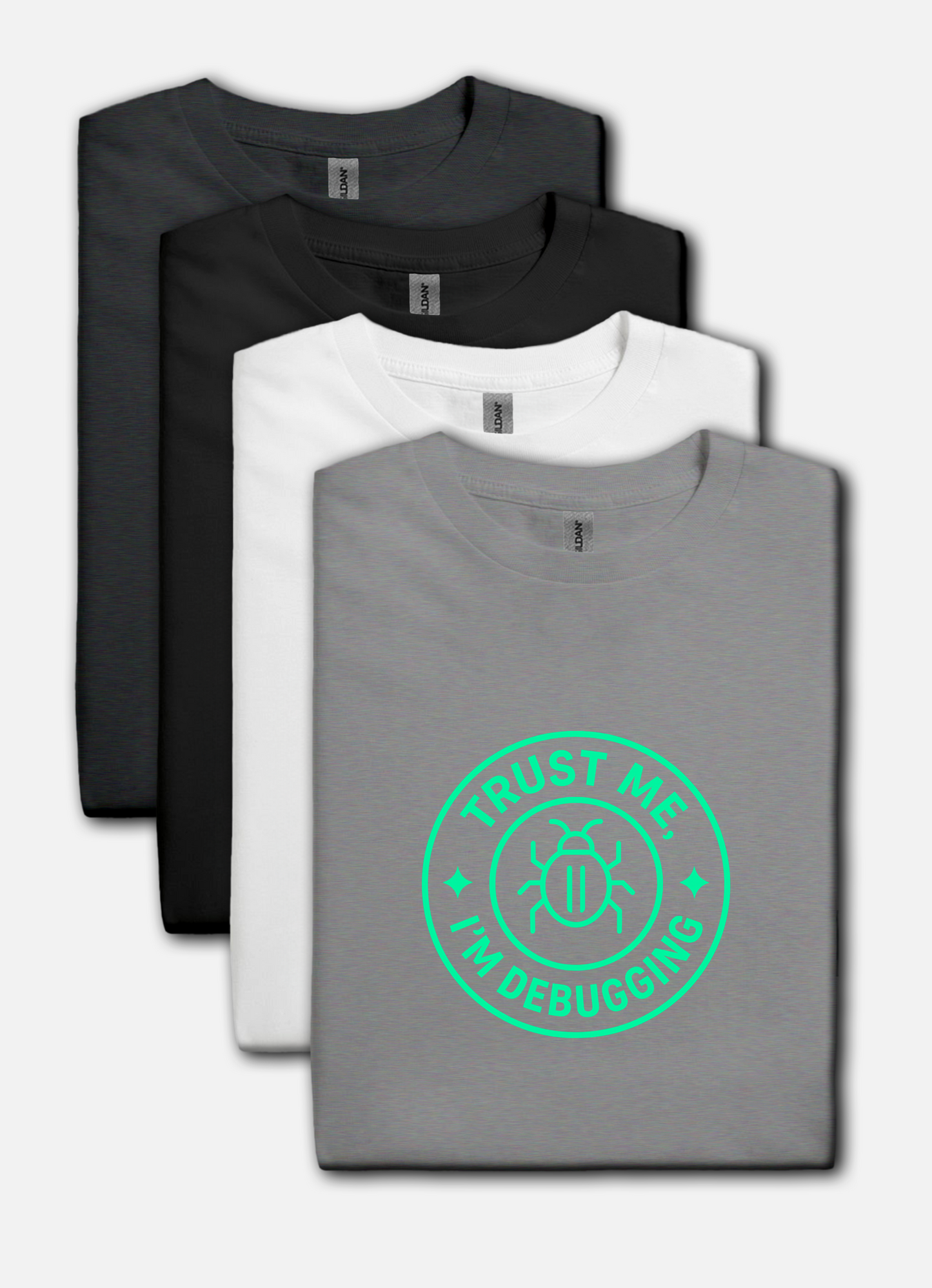 Gray t-shirt with 'Trust Me, I'm Debugging' design on a white background
