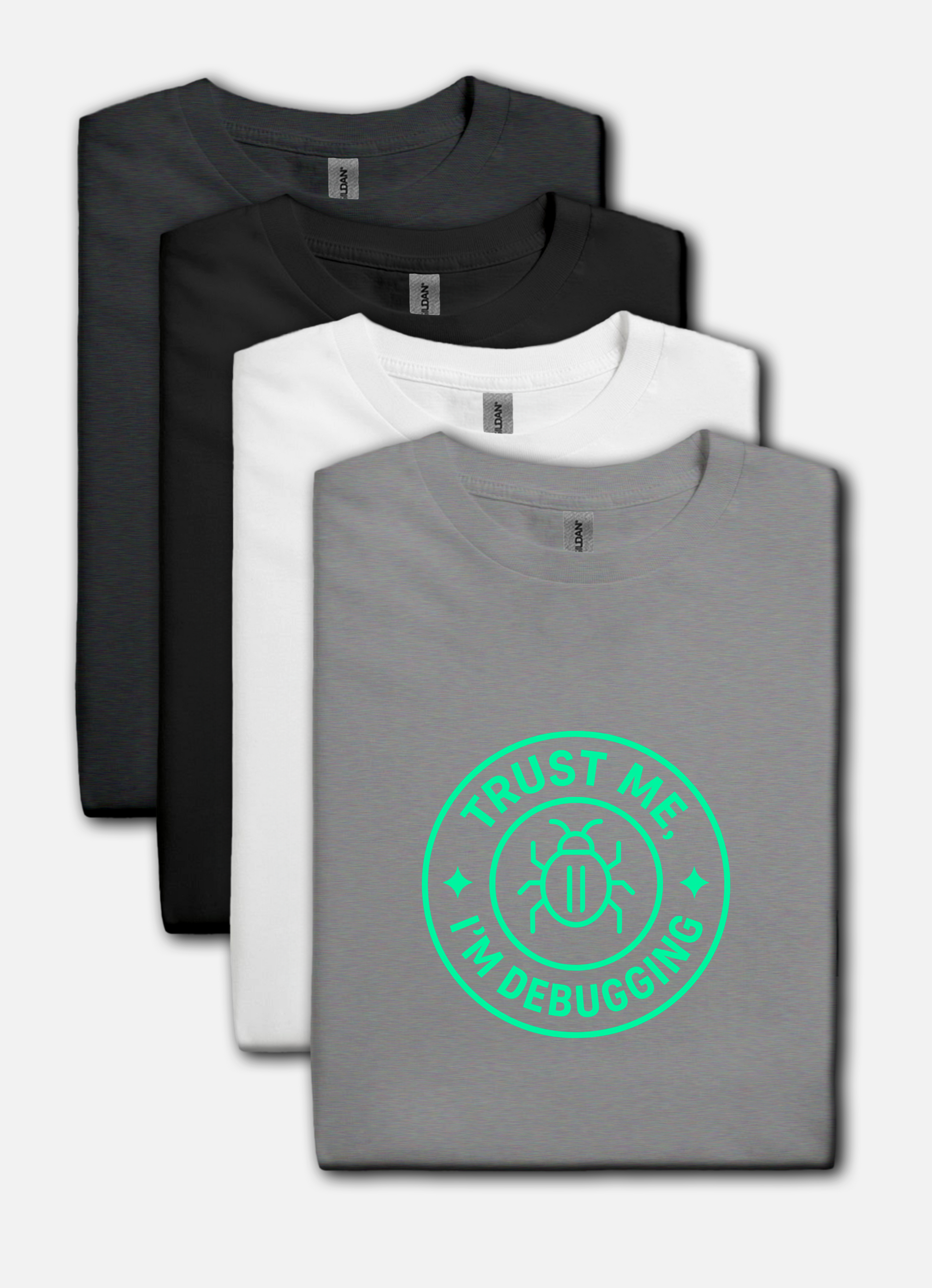 Gray t-shirt with 'Trust Me, I'm Debugging' design on a white background