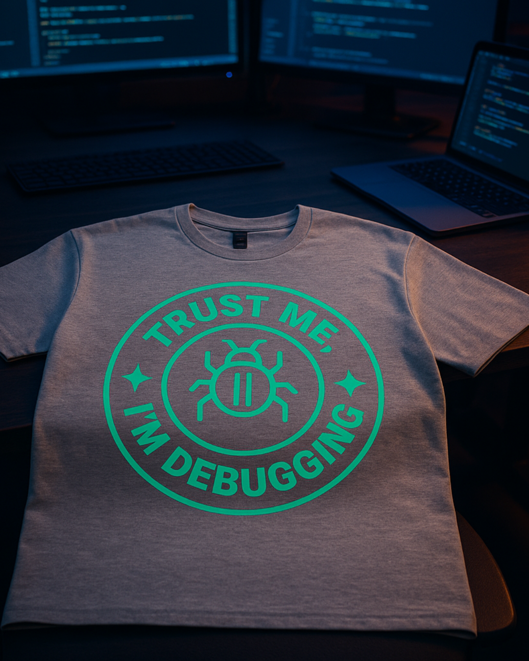 Gray t-shirt with 'Trust Me, I'm Debugging' design on a desk with computer monitors in the background