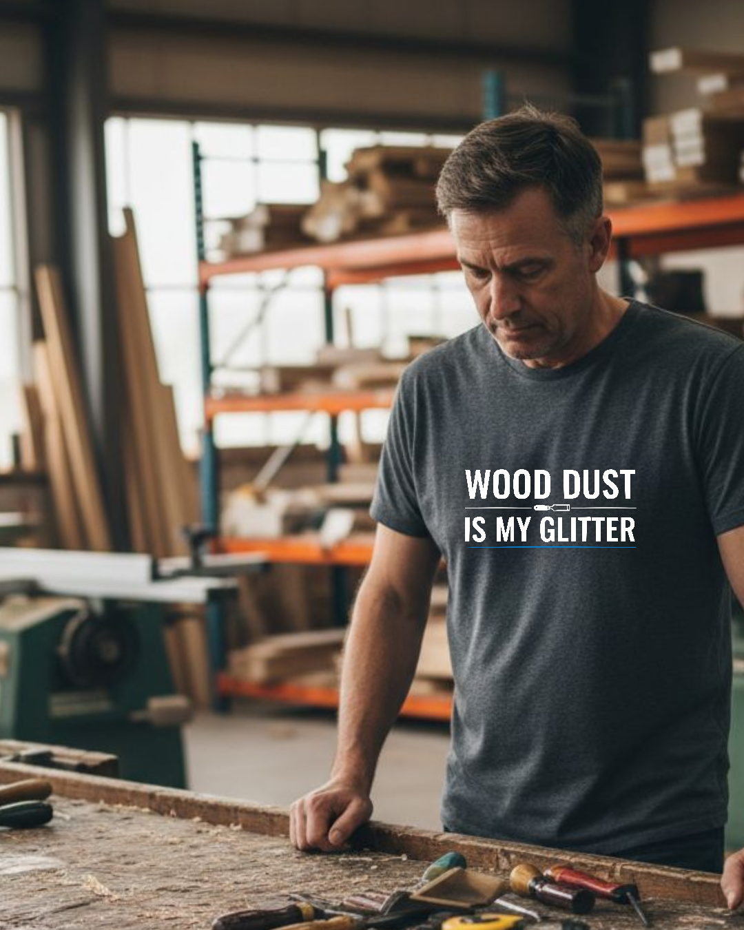 Sport gray t-shirt with bold white text that reads “Wood Dust Is My Glitter,” minimal graphic design.