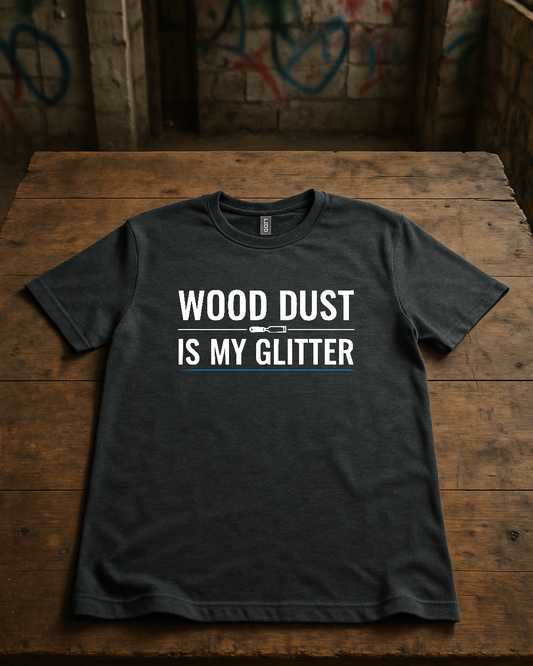 Dark heather t-shirt with bold white text that reads “Wood Dust Is My Glitter,” minimal graphic design.