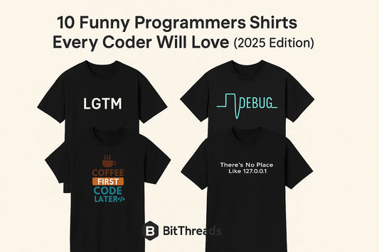 Funny programmer shirts collage – LGTM, Build > Buy, Debug designs – BitThreads 2025”