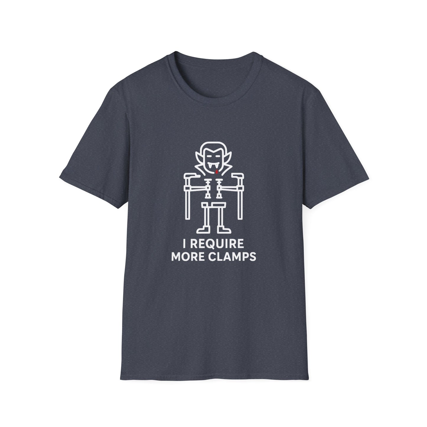 Flat lay of Clampire Halloween T-shirt. White clamp vampire graphic with text ‘I Require More Clamps’ on soft navy cotton tee.
