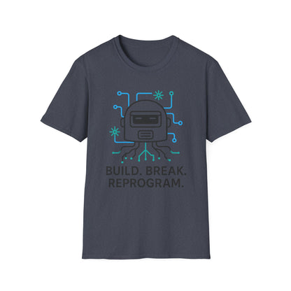 Build. Break. Reprogram design on a navy t-shirt | hacker gift, hobby shirt