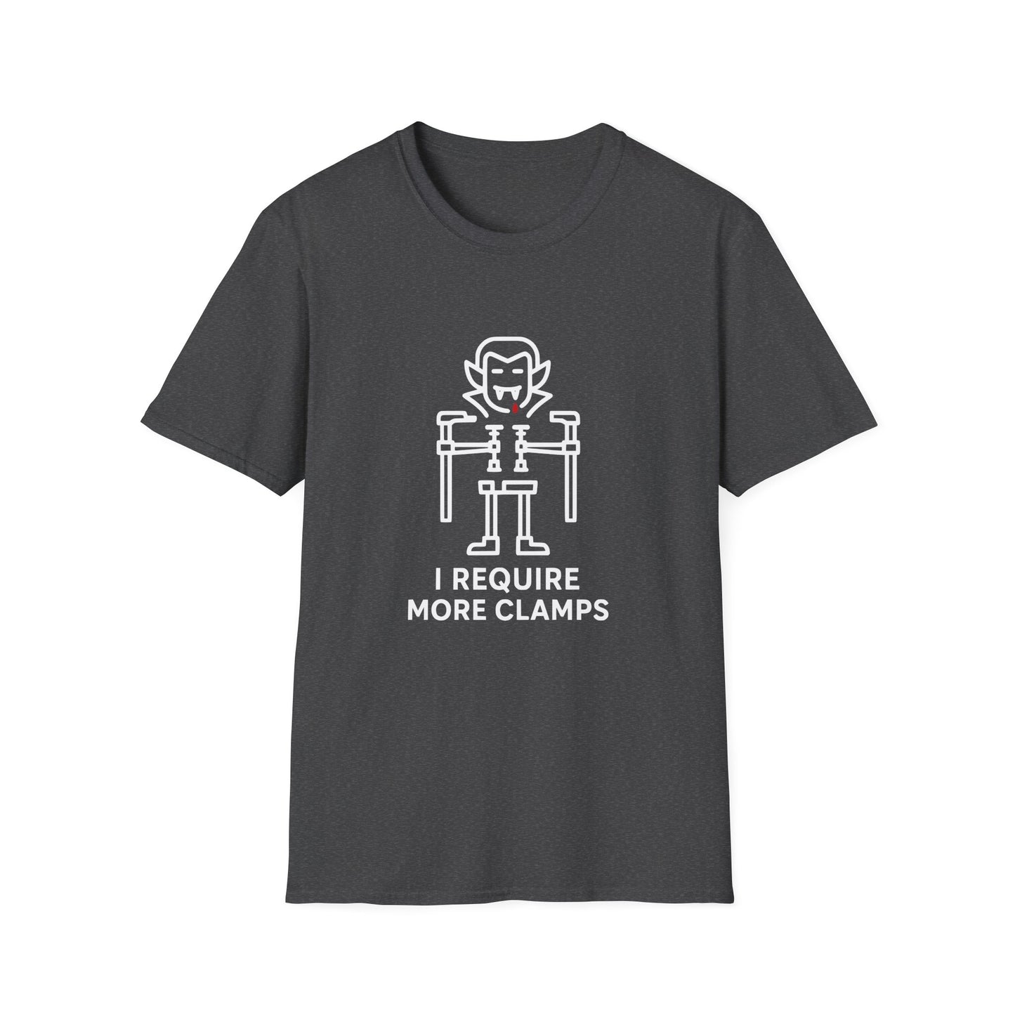 Flat lay of Clampire Halloween T-shirt. White clamp vampire graphic with text ‘I Require More Clamps’ on soft gray cotton tee.