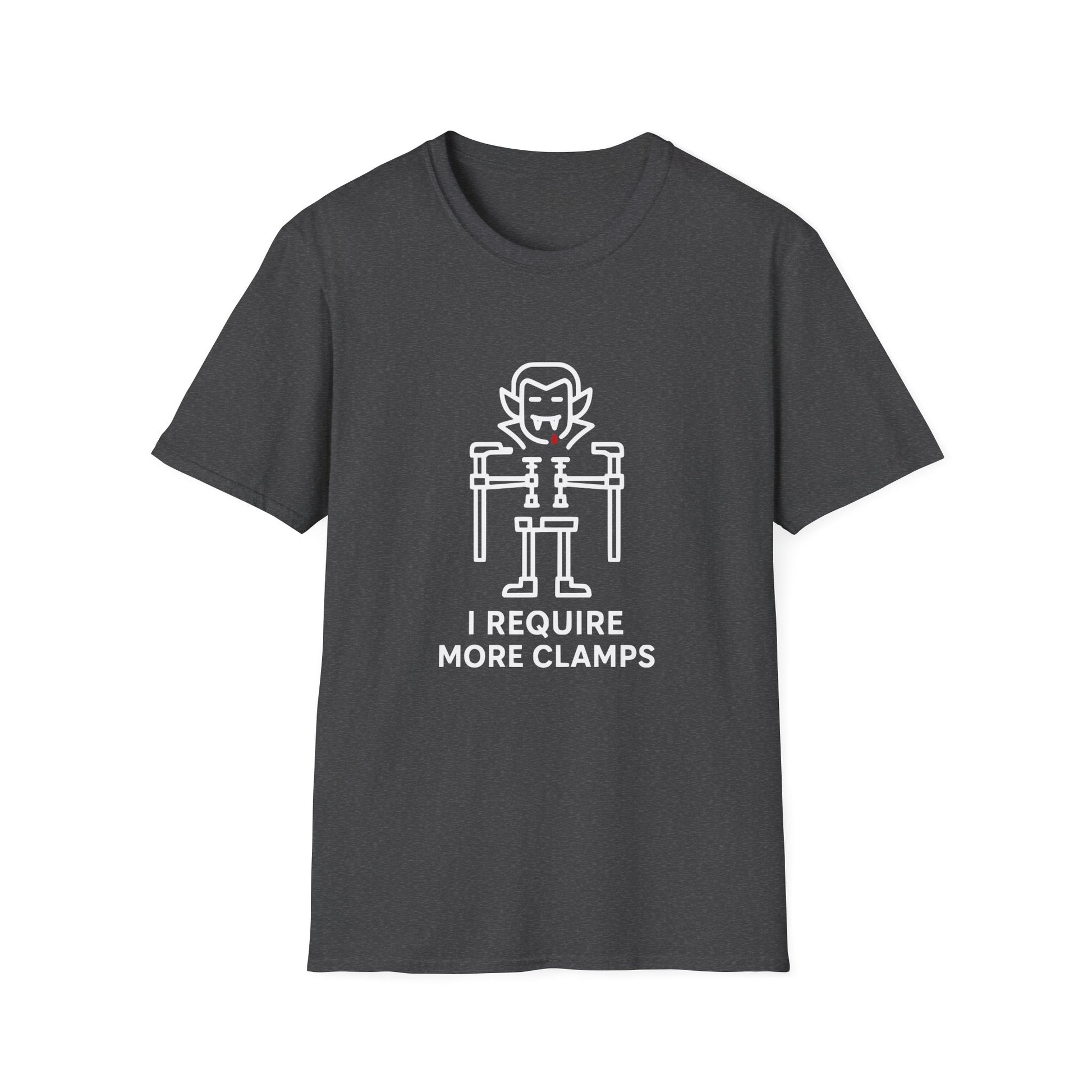 Flat lay of Clampire Halloween T-shirt. White clamp vampire graphic with text ‘I Require More Clamps’ on soft gray cotton tee.