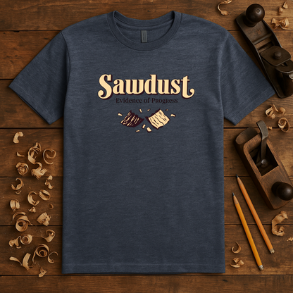 Sawdust, evidence of progress design on navy t-shirt | dad gift, woodworker shirt