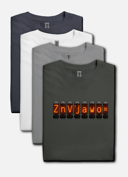 Nixie Tube Cryptic design on a charcoal t-shirt | hacker gift, hobby shirt, electronics tee