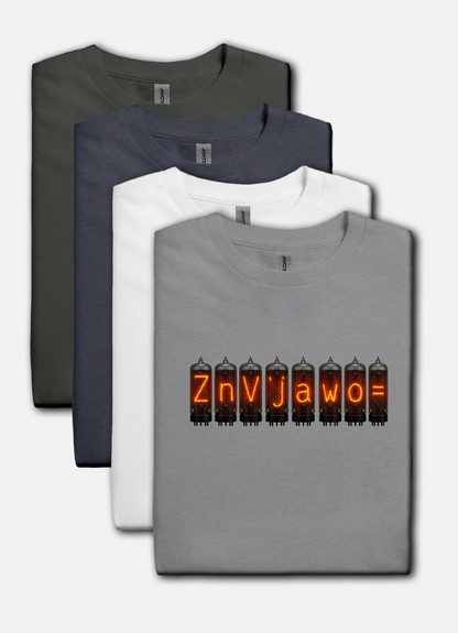 Nixie Tube Cryptic design on a light gray t-shirt | hacker gift, hobby shirt, electronics tee