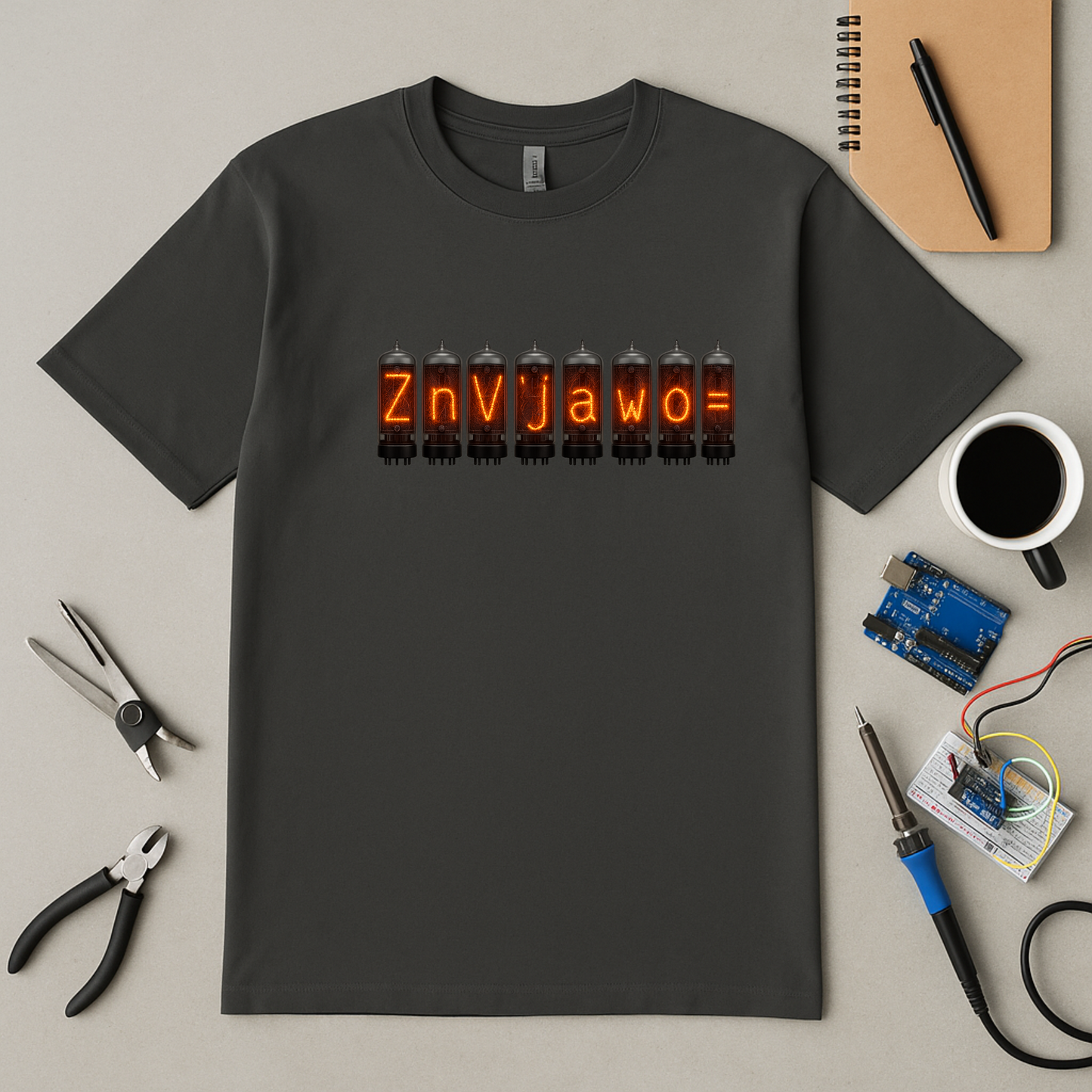 Nixie Tube Cryptic design on a charcoal t-shirt | hacker gift, hobby shirt, electronics tee