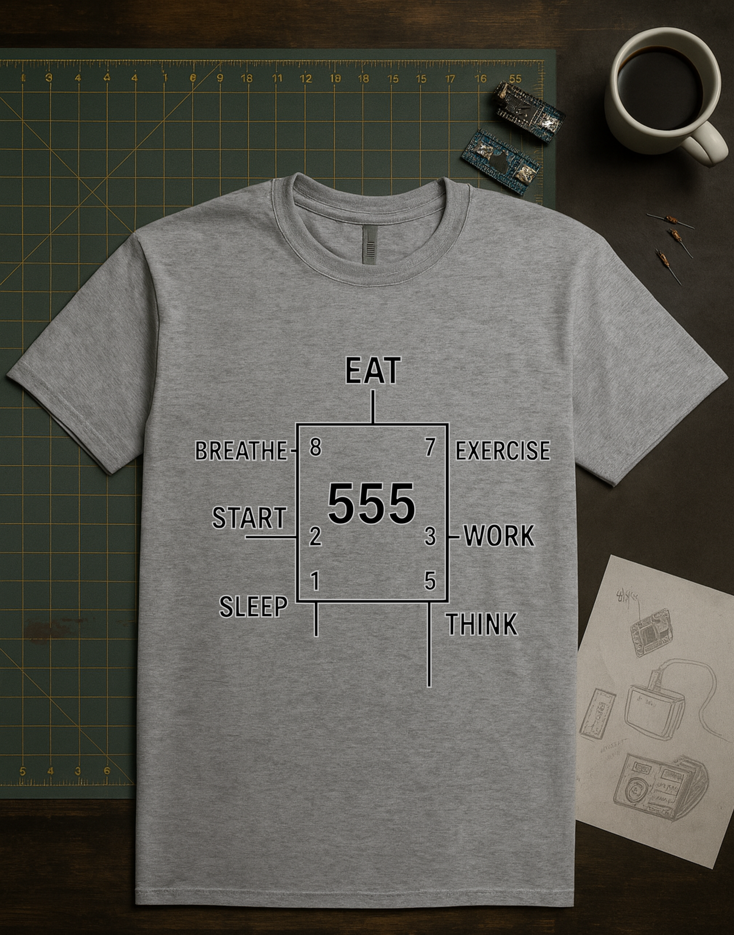 555 Timer Life Cycle design on a light gray t-shirt | hacker gift, electronics shirt, programming tee