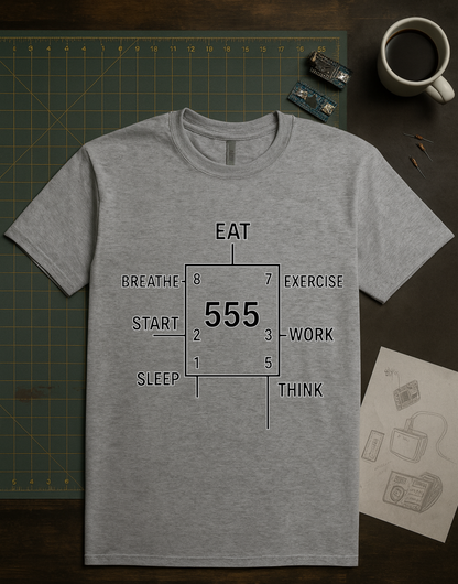 555 Timer Life Cycle design on a light gray t-shirt | hacker gift, electronics shirt, programming tee