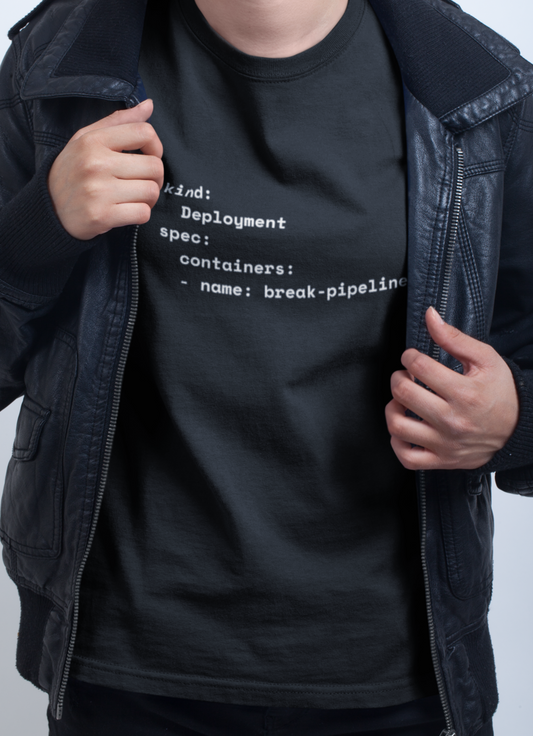 Coder humor t-shirts with YAML break-pipeline design in black– funny DevOps gift for programmers.