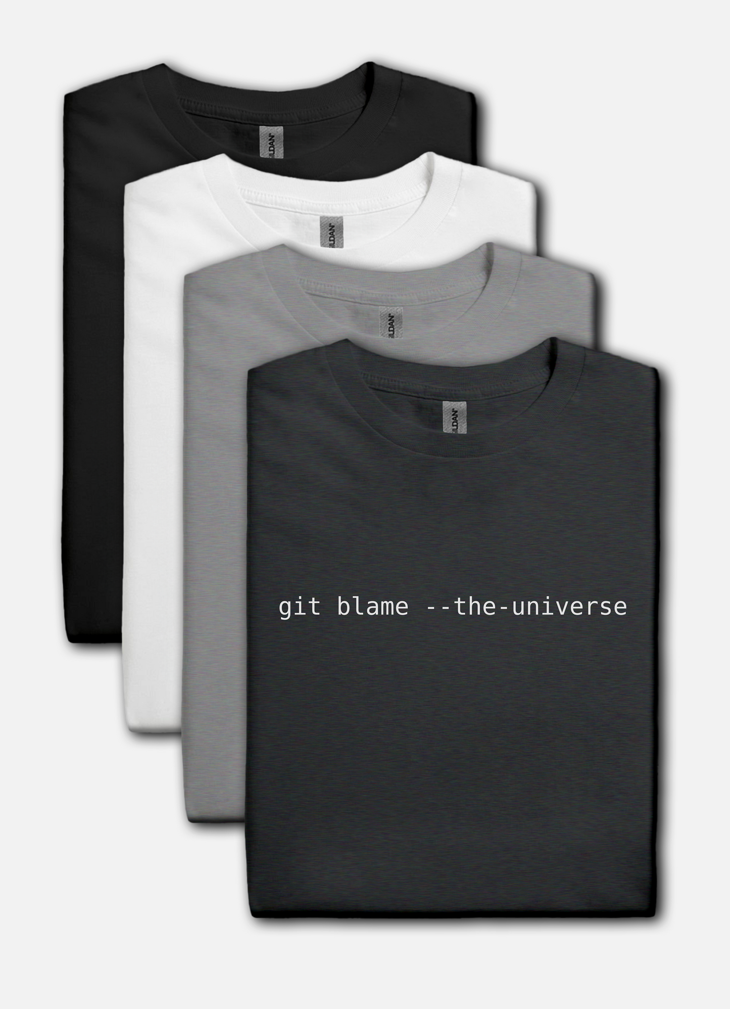 Monospaced text “git blame --the-universe” centered on a transparent background