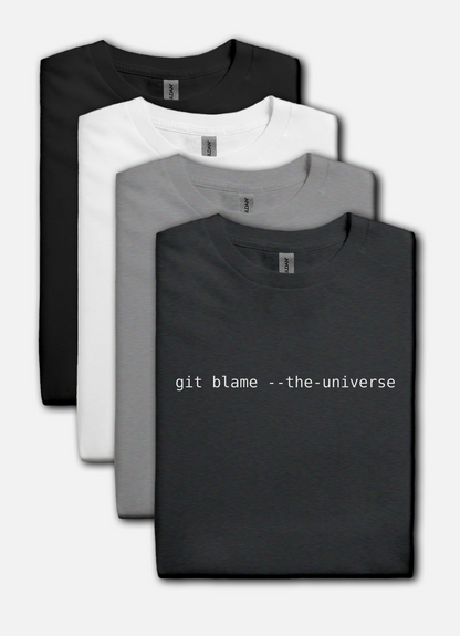 Monospaced text “git blame --the-universe” centered on a transparent background