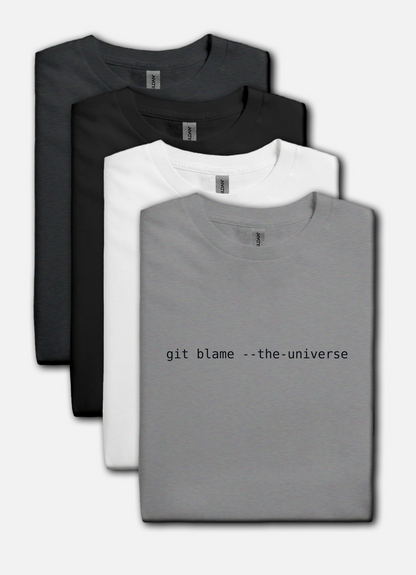Monospaced text “git blame --the-universe” centered on a transparent background